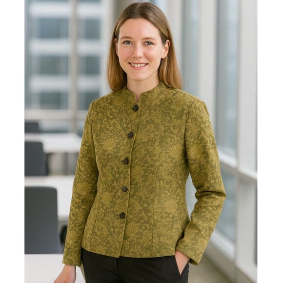 JH Collectible Tapestry Jacket Women Size XL Chartreuse Floral Brocade Mandarin - Picture 1 of 14